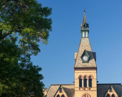 Old Main tower in spring or summer