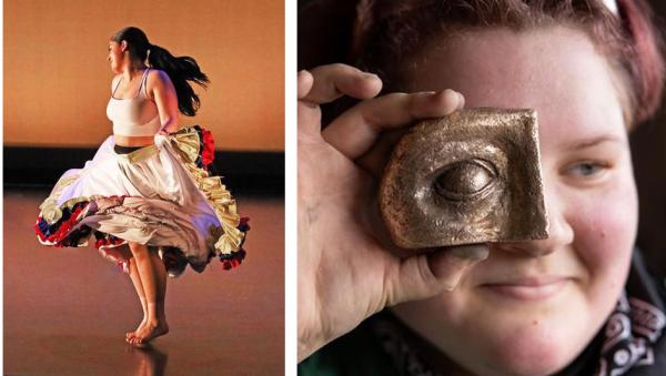 Kelly Hart, dance student, performs at Hamline, and fine arts student shows off metal pour