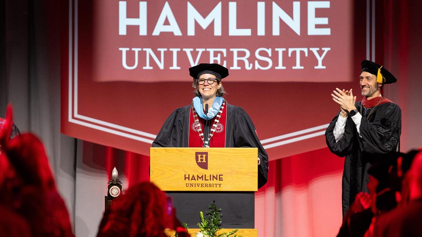 President Mayme K. Hostetter at her Installation (inauguration) Ceremony, with chairman Doran Clarke