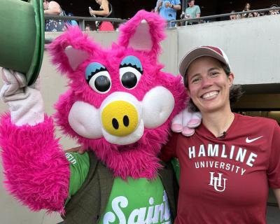 President Hostetter and Mudonna at the Saint Paul Saints