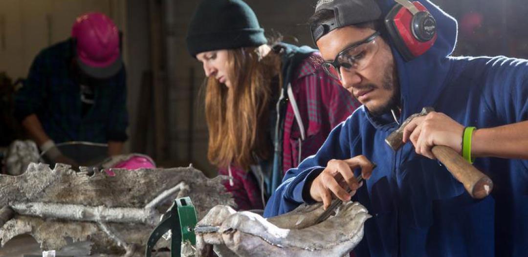 Fine arts student creating sculpture at Hamline